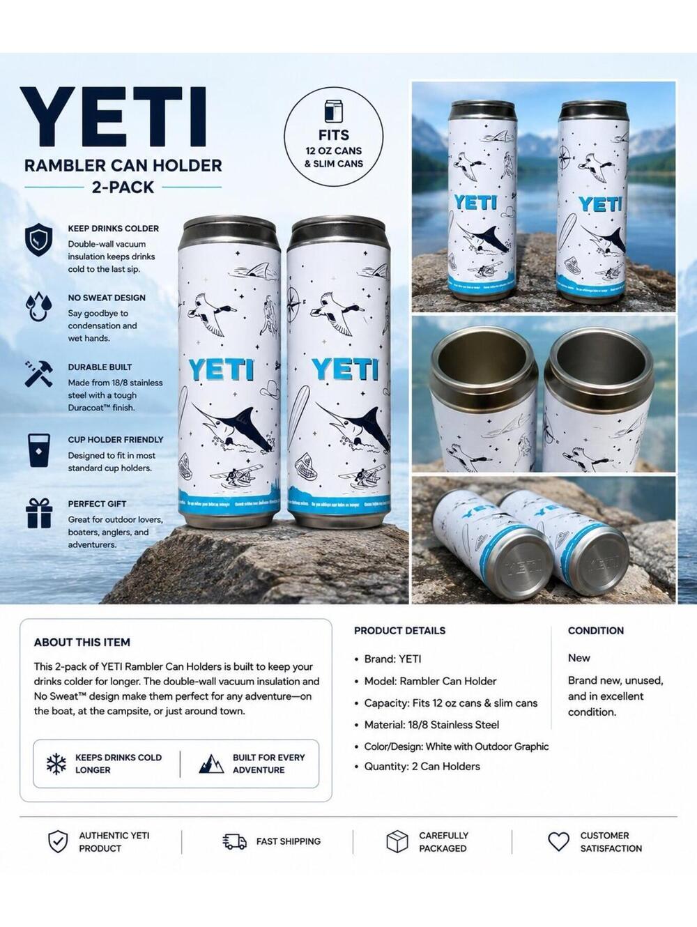 YETI Rambler Can Holder 2-Pack – Stainless Steel Insulated Drink Holders – White